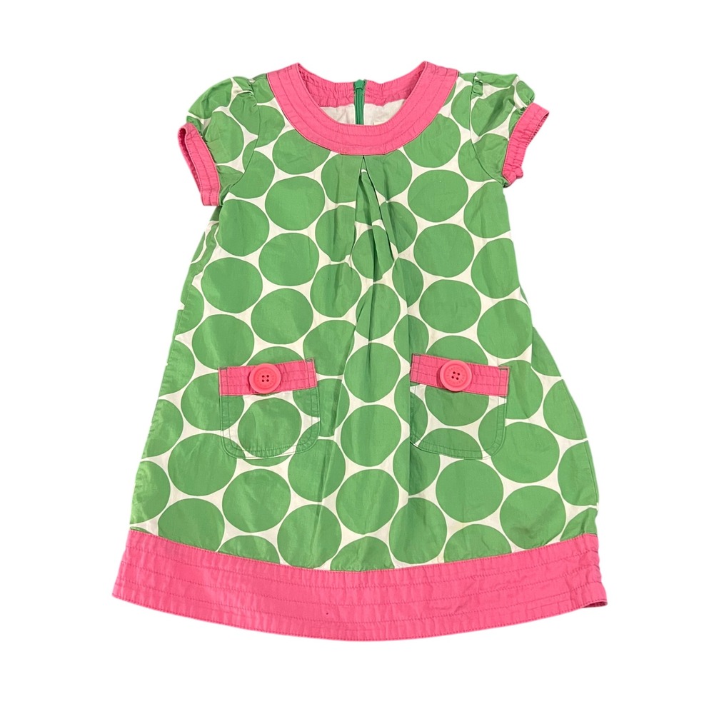 Mini Boden Girls Green Pink Polka Dot Pocket Dress Size 4-5Y